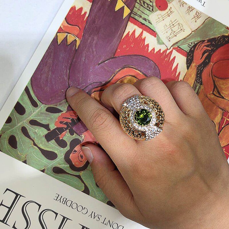 Luxury Green Zircon Big Rings For Women Fashion Gold Hollow Crystal Flower Ring Vintage Wedding Band Jewelry 