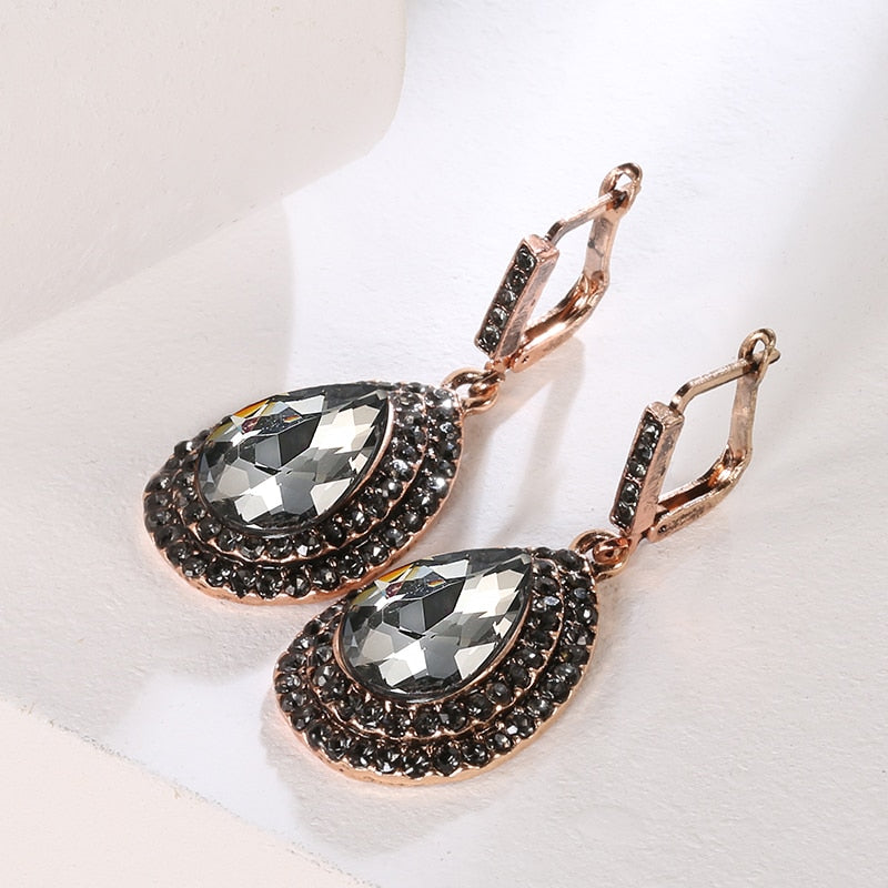 Boho Gray Crystal Bridal Earrings For Women Antique Gold Color Beach Party Water Drops Drop Earrings Vintage Jewelry