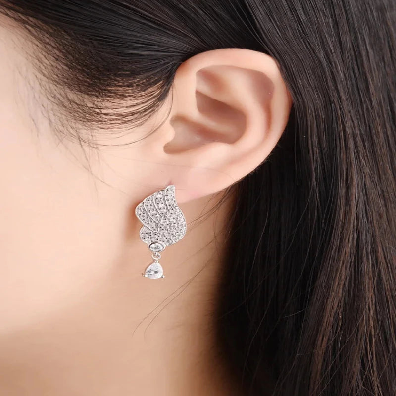 Angel wings CZ Zircon 925 Sterling Stud Earrings in silver