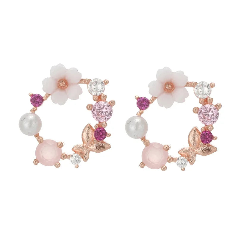 Pink Flower Zircon 925 Sterling Silver Stud Earrings