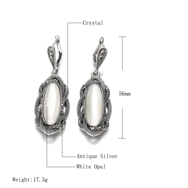 Top Quality Bohemian Black Stone Earring Tibetan Silver Mosaic AAA Gray Crystal Big Oval Earring For Women Vintage Jewelry