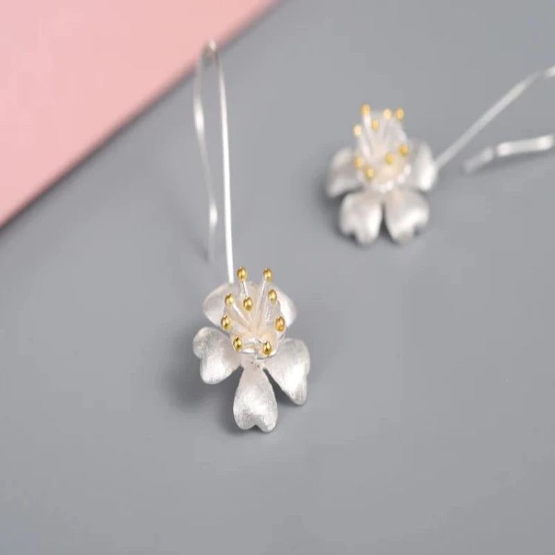 Long Flower 925 Sterling Silver Drop Earrings