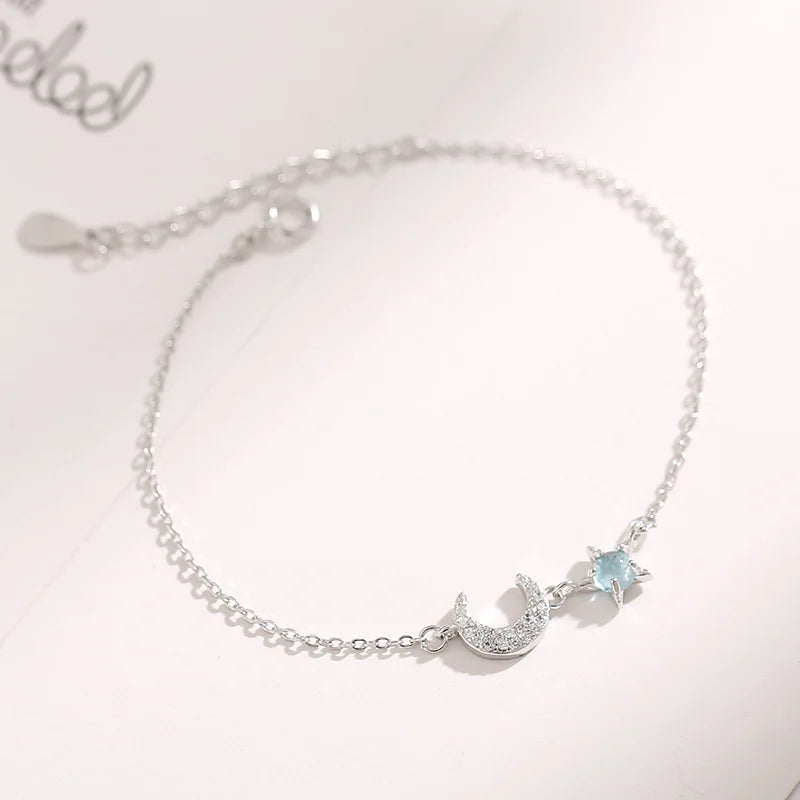 Star Moon Zircon 925 Sterling Silver Bracelet Silver 20.5cm