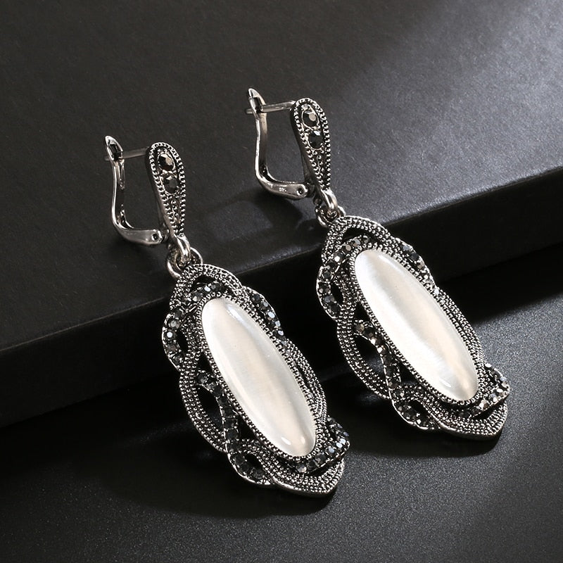 Top Quality Bohemian White Stone Earring Tibetan Silver Mosaic AAA Gray Crystal Big Oval Earring For Women Vintage Jewelry