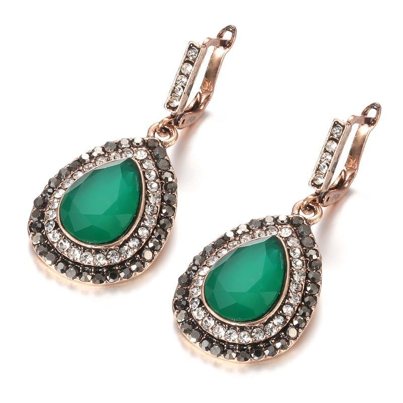 Boho Green Crystal Bridal Earrings For Women Antique Gold Color Beach Party Water Drops Drop Earrings Vintage Jewelry