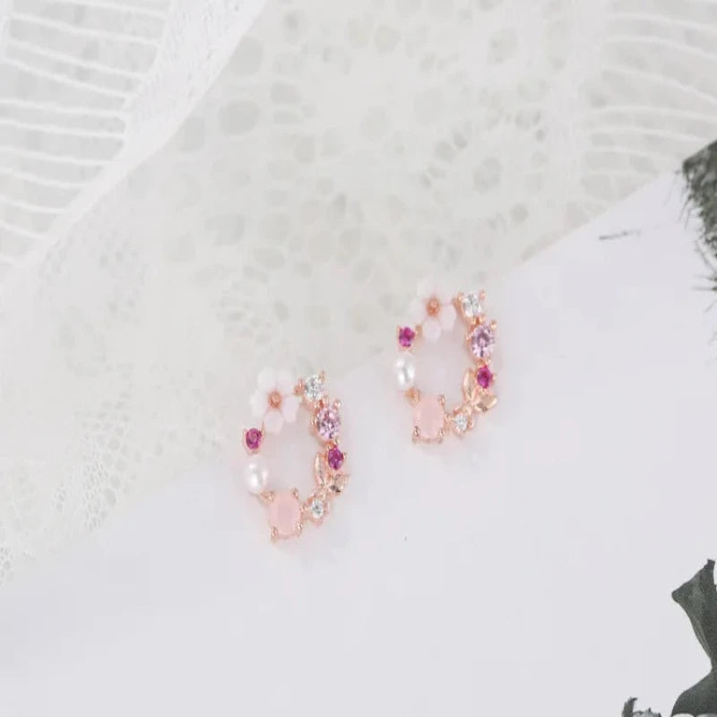 Pink Flower Zircon 925 Sterling Silver Stud Earrings