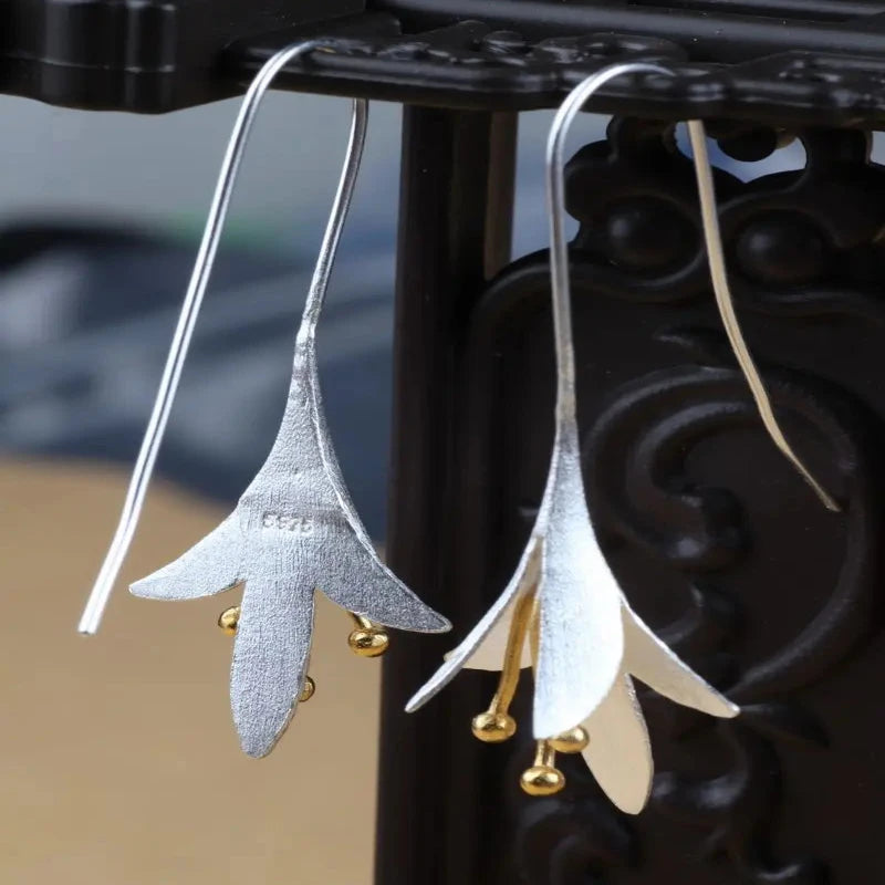Long Sun Flower 925 Sterling Silver Drop Earrings