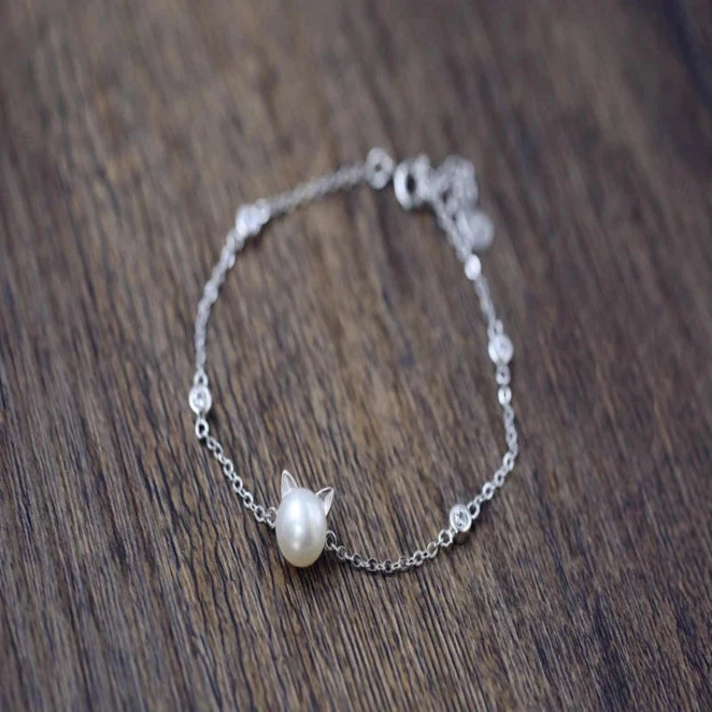 Simple Bar Cat pearl 925 Silver Sterling Bracelet