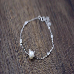 Simple Bar Cat pearl 925 Silver Sterling Bracelet
