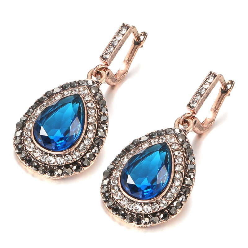 Boho Blue Crystal Bridal Earrings For Women Antique Gold Color Beach Party Water Drops Drop Earrings Vintage Jewelry