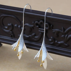 Long Sun Flower 925 Sterling Silver Drop Earrings