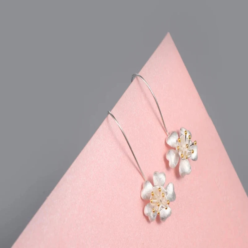 Long Flower 925 Sterling Silver Drop Earrings