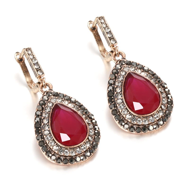 Boho Red Crystal Bridal Earrings For Women Antique Gold Color Beach Party Water Drops Drop Earrings Vintage Jewelry