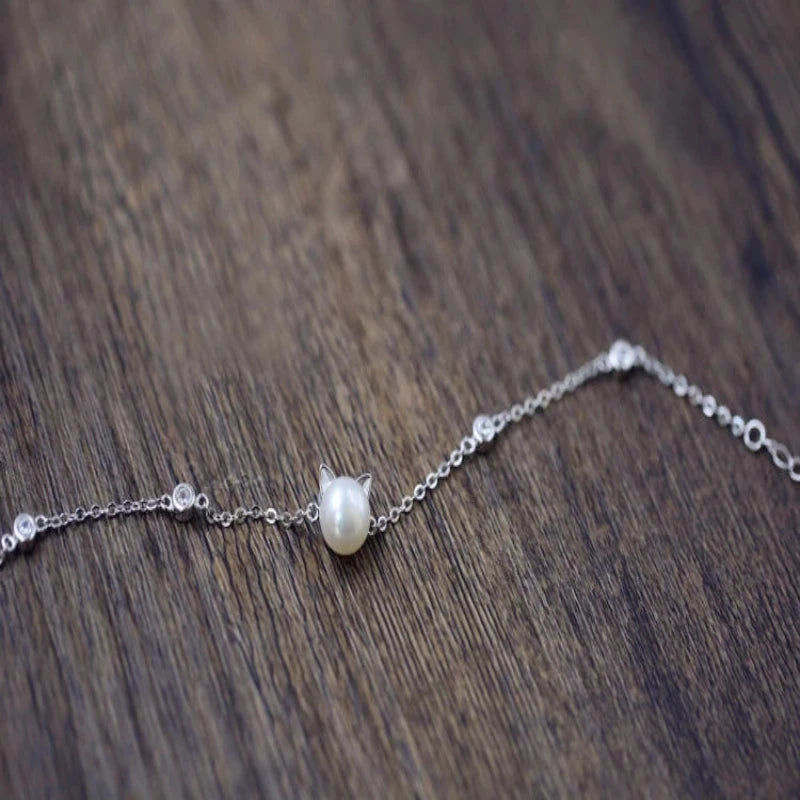 Simple Bar Cat pearl 925 Silver Sterling Bracelet
