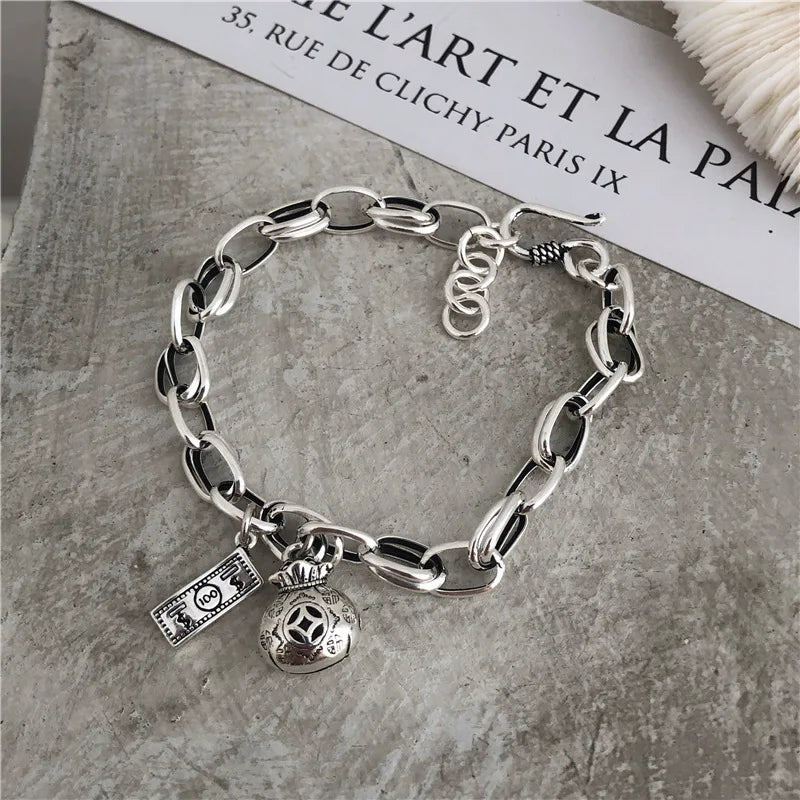 Old Dollar Money Bag 925 Sterling Silver Bracelet