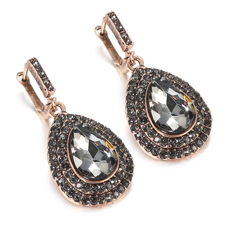 Boho Gray Crystal Bridal Earrings For Women Antique Gold Color Beach Party Water Drops Drop Earrings Vintage Jewelry