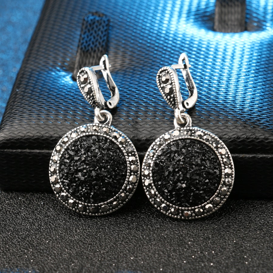 Black Broken Stone Accessories Earring For Women Bohemia Silver Plated Jewelry Earrings
