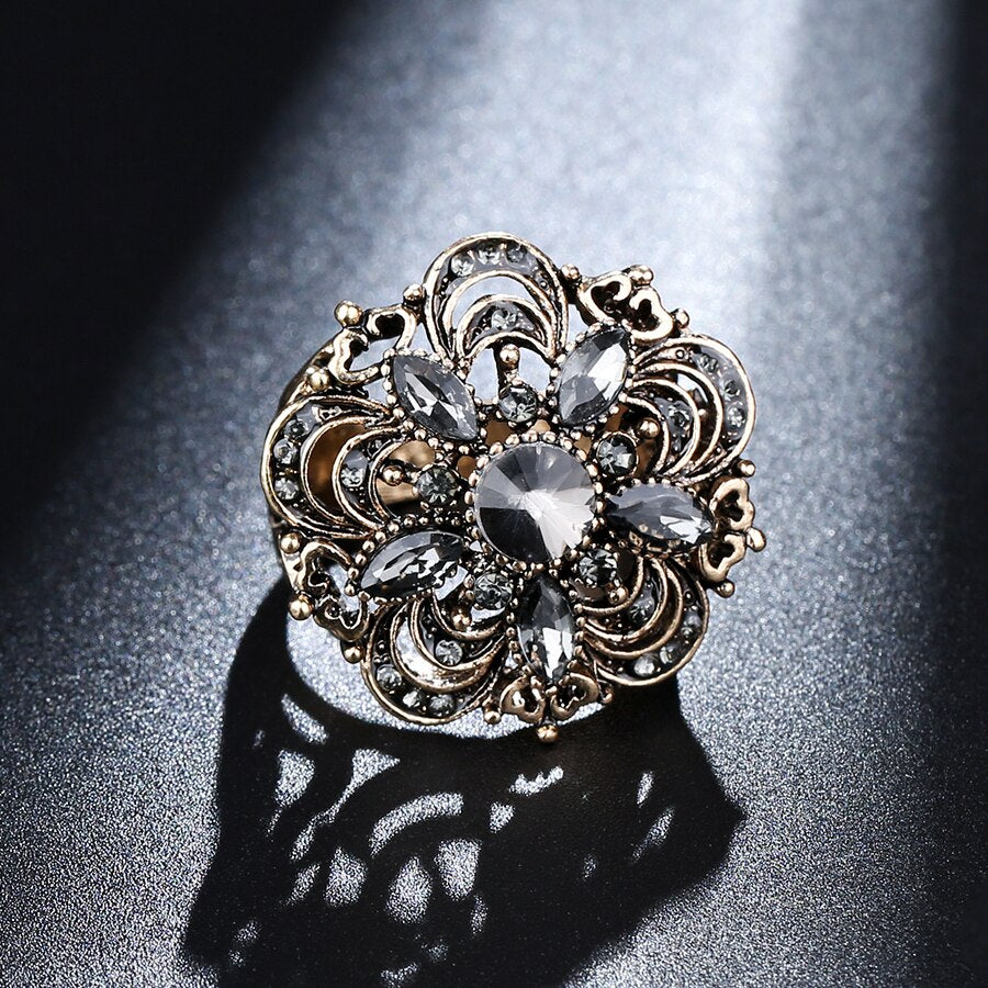 Luxury Gray Crystal Flower Vintage Wedding Rings For Women Boho Punk Turkish Jewelery Bague Femme