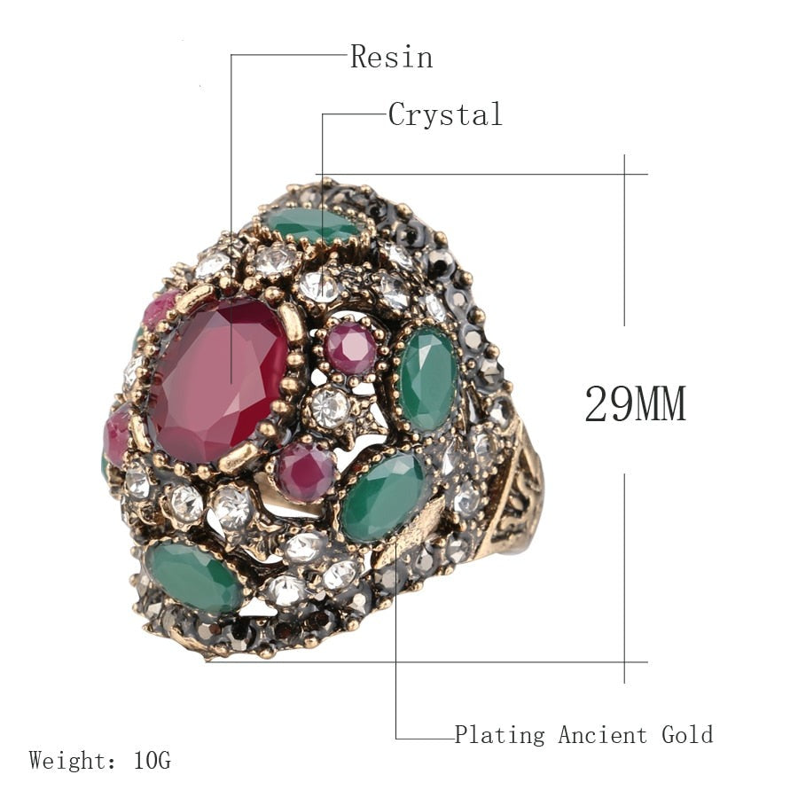 Luxury Turkish Jewelery Colorful Resin Ring Color Ancient Gold Vintage Wedding Rings For Women Crystal Accessories Gift