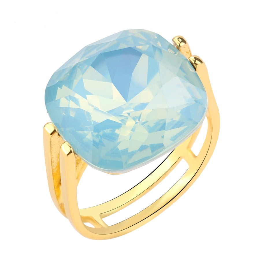 Blue Opal Stone Fashion Square Wedding Rings For Women Gold Color CZ Zircon Ring Female OL Vintage Jewelry