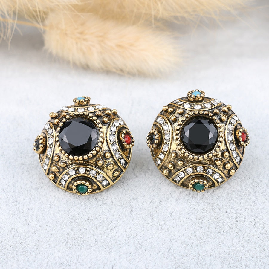 Hot Ethnic Bride Wedding Earrings For Women Antique Gold Color Resin Stone Turkish Jewelry Engagement Party Crystal Gift