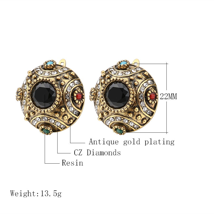 Hot Ethnic Bride Wedding Earrings For Women Antique Gold Color Resin Stone Turkish Jewelry Engagement Party Crystal Gift