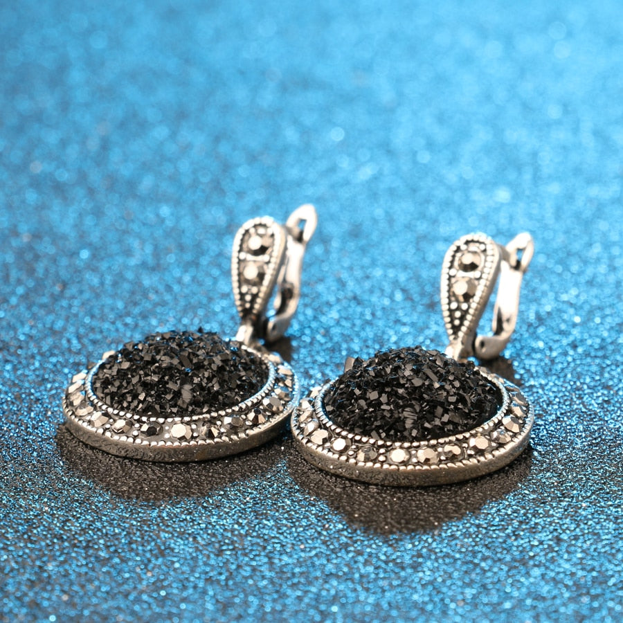 Black Broken Stone Accessories Earring For Women Bohemia Silver Plated Jewelry Earrings