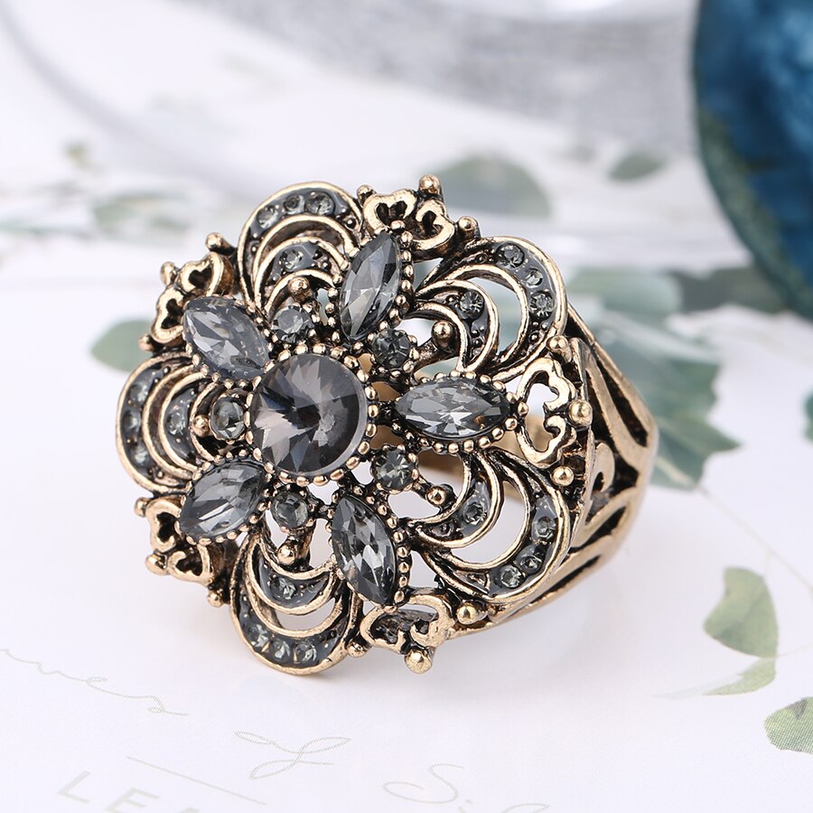 Luxury Gray Crystal Flower Vintage Wedding Rings For Women Boho Punk Turkish Jewelery Bague Femme