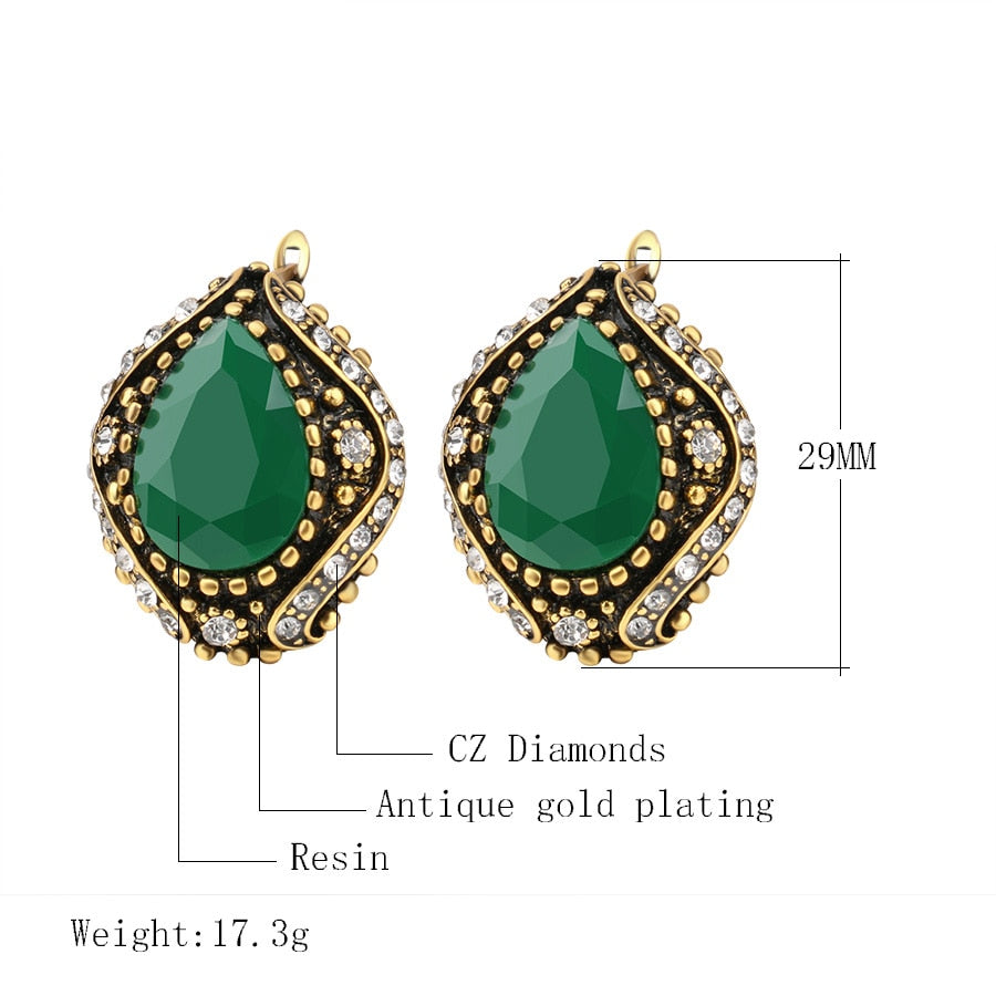 Hot Boho Ethnic Green Crystal Earring For Women Antique Gold Color Turkish Vintage Rhinestone Earrings Wedding Jewelry