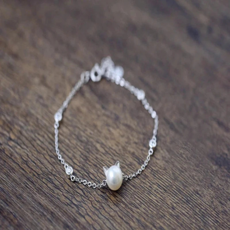Simple Bar Cat pearl 925 Silver Sterling Bracelet