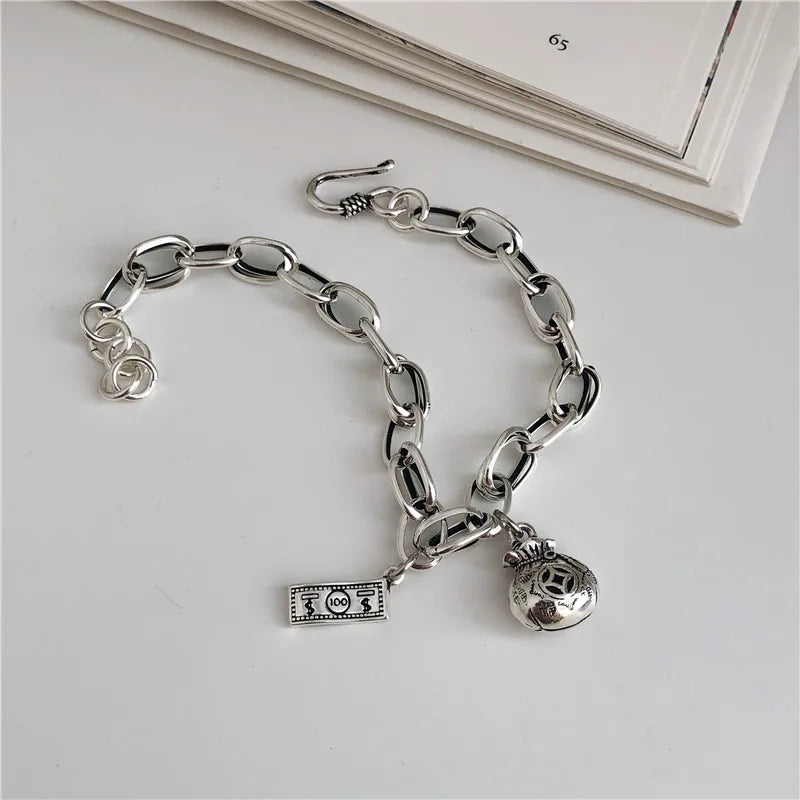 Old Dollar Money Bag 925 Sterling Silver Bracelet