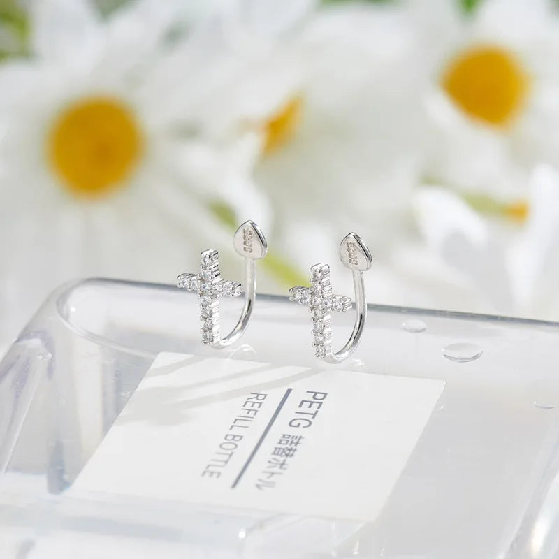Cross Ear Cuff 925 Sterling Silver Clip Earrings