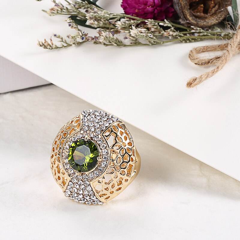 Luxury Green Zircon Big Rings For Women Fashion Gold Hollow Crystal Flower Ring Vintage Wedding Band Jewelry