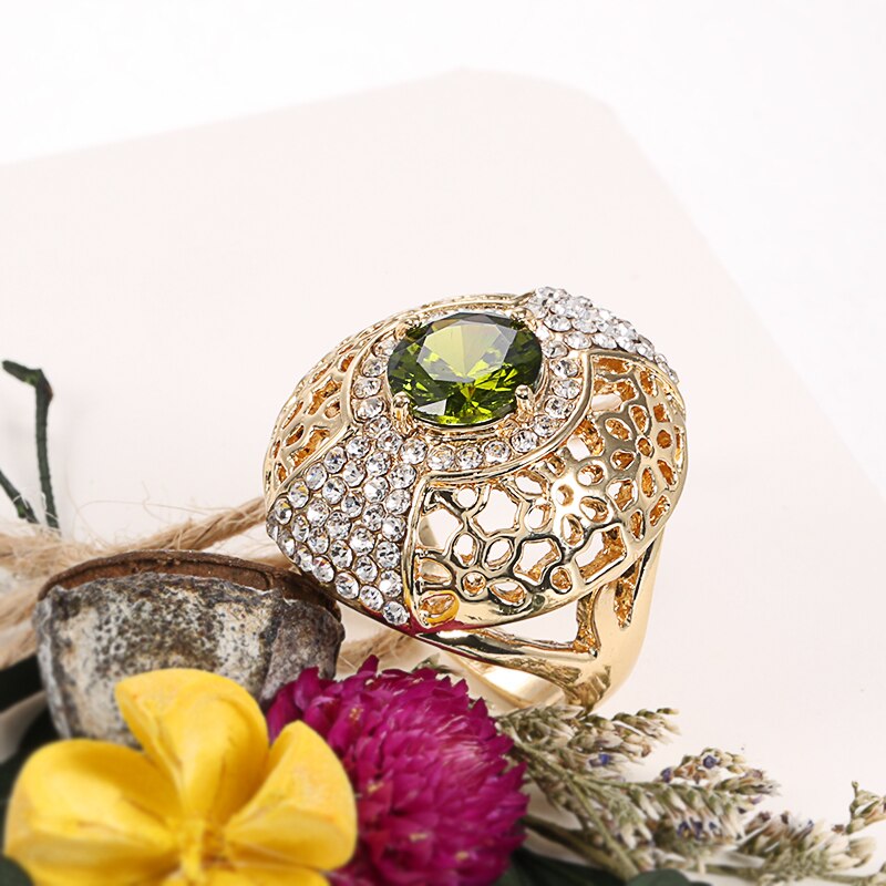 Luxury Green Zircon Big Rings For Women Fashion Gold Hollow Crystal Flower Ring Vintage Wedding Band Jewelry