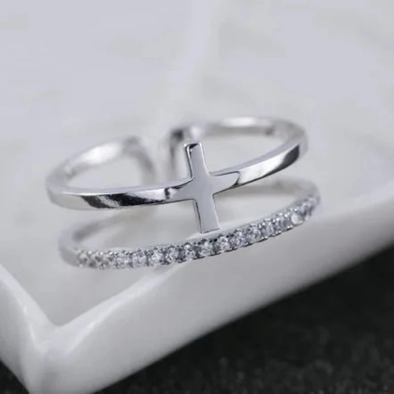 Cross Adjustable Open 925 Sterling Silver Ring