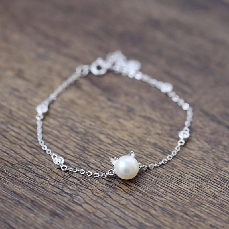 Simple Bar Cat pearl 925 Silver Sterling Bracelet 925 Sterling Silver 19.5cm