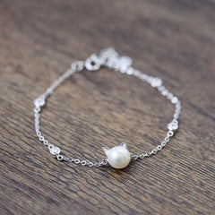 Simple Bar Cat pearl 925 Silver Sterling Bracelet 925 Sterling Silver 19.5cm