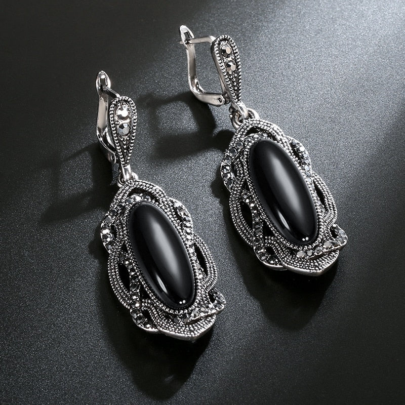 Top Qualität Böhmischen Schwarzen Stein Ohrring Tibetischen Silber Mosaik AAA Grau Kristall Big Oval Ohrring Für Frauen Vintage-Schmuck