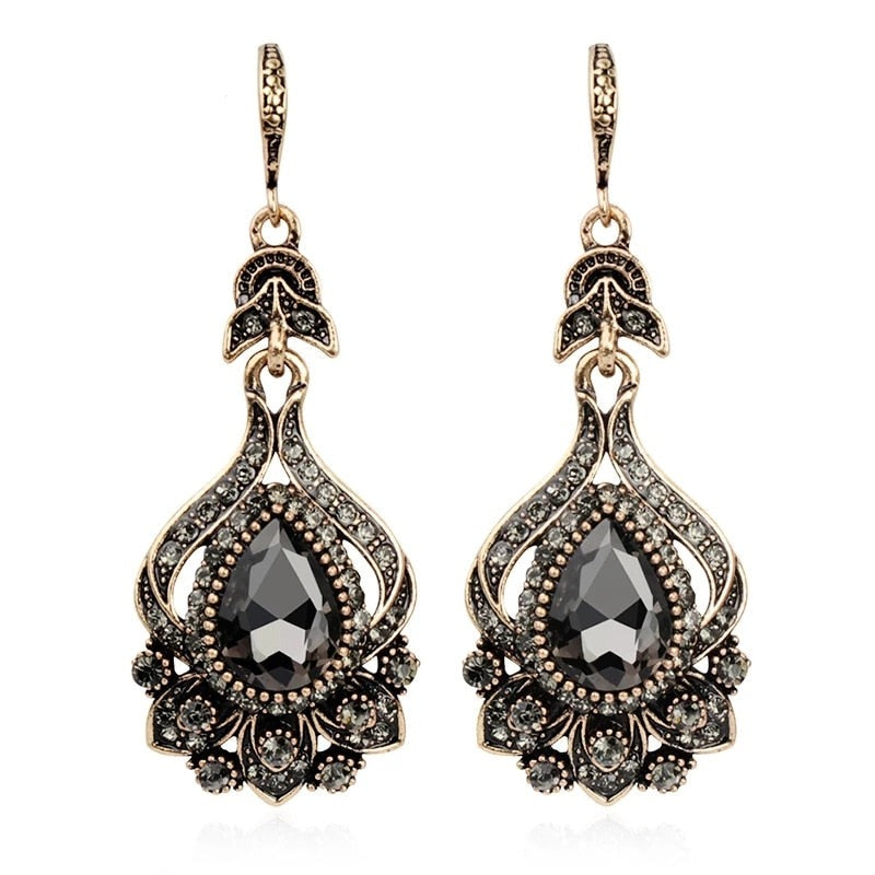 New Luxury Gray Crystal Bridal Earrings For Women Antique Gold Color Beach Party Drop Earrings Vintage Jewelry