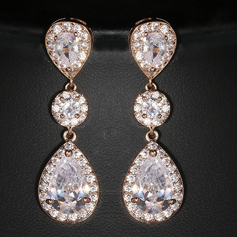 Dramatic Cubic Zirconia Wedding or Special Occasion Clip On Dangle Earrings; Round-Cut Halos and Brilliant Pave-Framed Pear Shaped Drops; Comfort Back Clips;