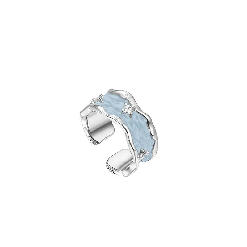 Blue Enamel Adjustable Open 925 Sterling Silver Ring JZ243Wide ring