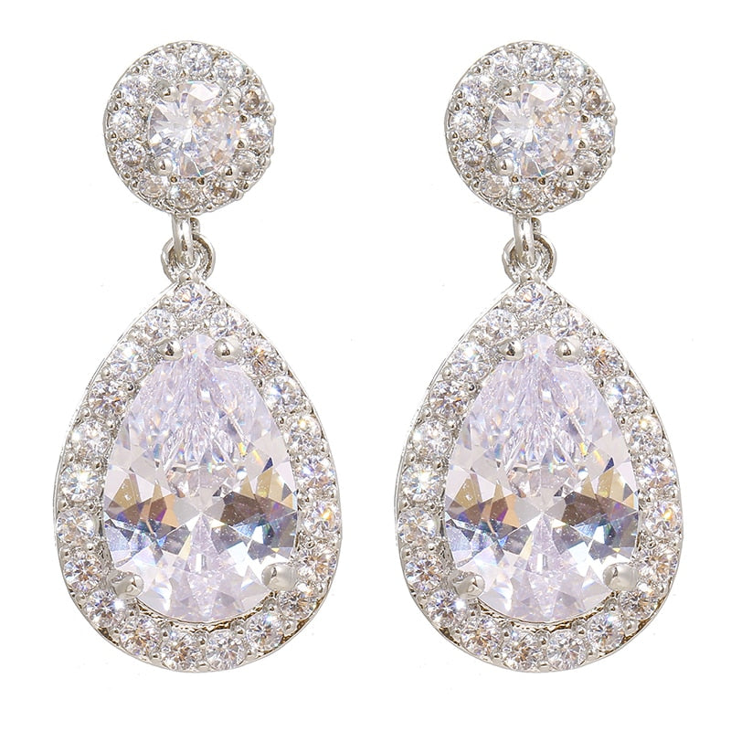 Pierced or Clip-On Bridal Earrings with Oval-Cut Framed Halos & Bold Pear-Shaped Teardrop Dangles