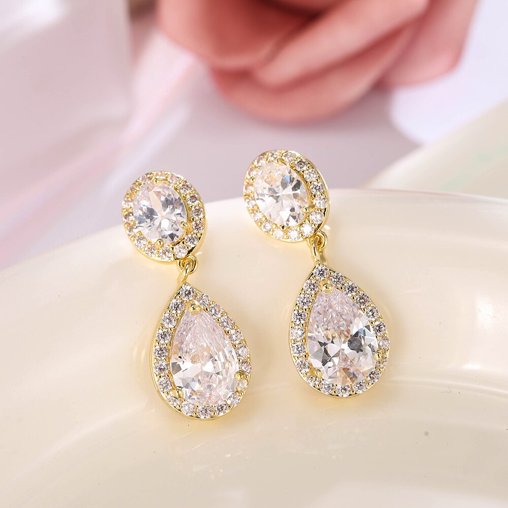 Gold Clip-On Earrings with Austrian Crystal Teardrop Dangles - Prom & Bridal Chandelier Clip Ons