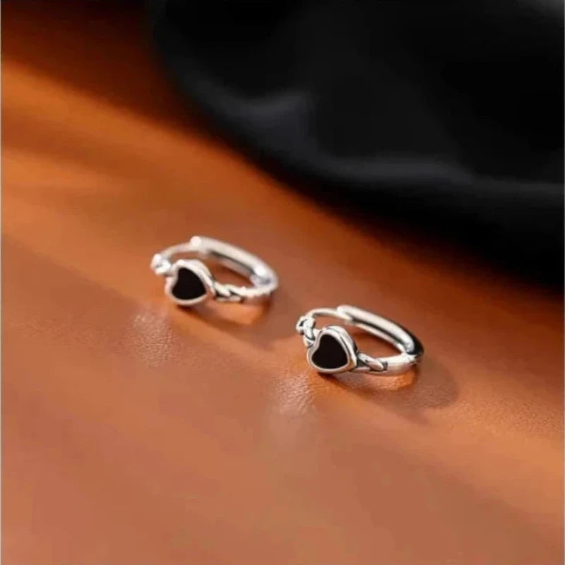 Black Heart 925 Sterling Silver hoop Earrings