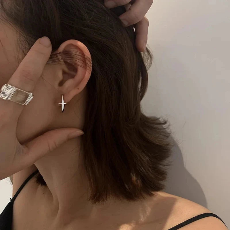 Circle Inlaid Small Star 925 Sterling Silver Hoop Earrings Silver
