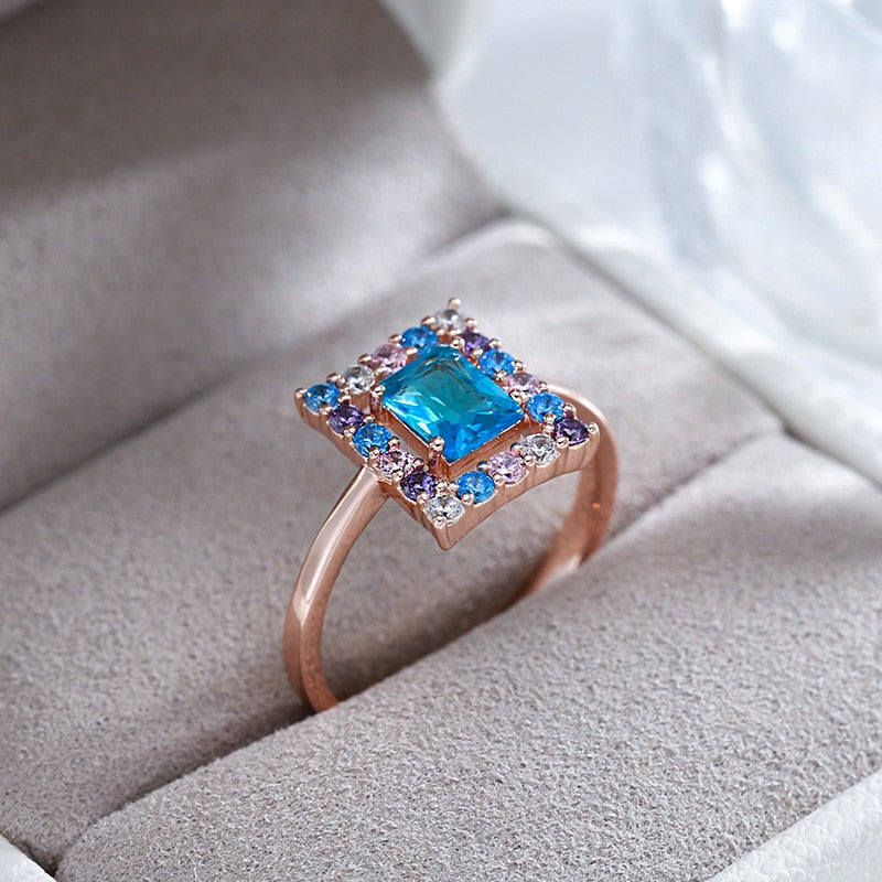 New 585 Rose Gold Color Square Ring for Women Blue Natural Zircon Ethnic Bridal Rings High Quality Daily Jewelry