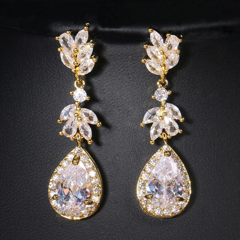 Gold Clip-On Earrings with Austrian Crystal Teardrop Dangles - Prom & Bridal Chandelier Clip Ons