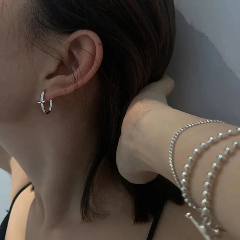 Circle Inlaid Small Star 925 Sterling Silver Hoop Earrings