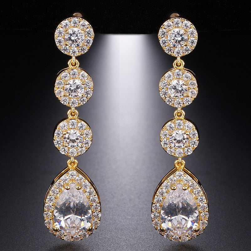 Dramatic Cubic Zirconia Wedding or Special Occasion Clip On Dangle Earrings; Round-Cut Halos and Brilliant Pave-Framed Pear Shaped Drops; Comfort Back Clips;