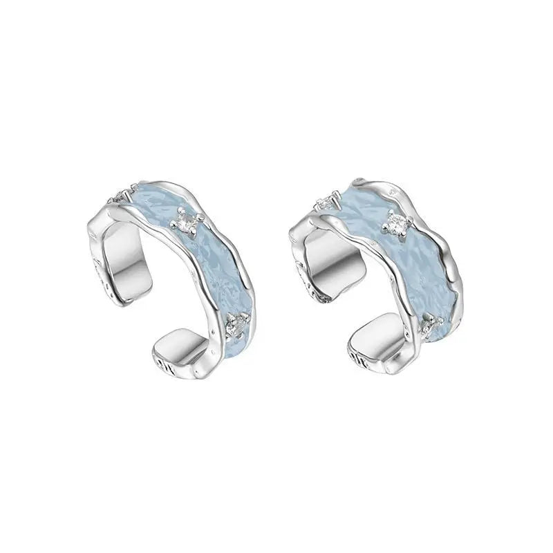 Blue Enamel Adjustable Open 925 Sterling Silver Ring
